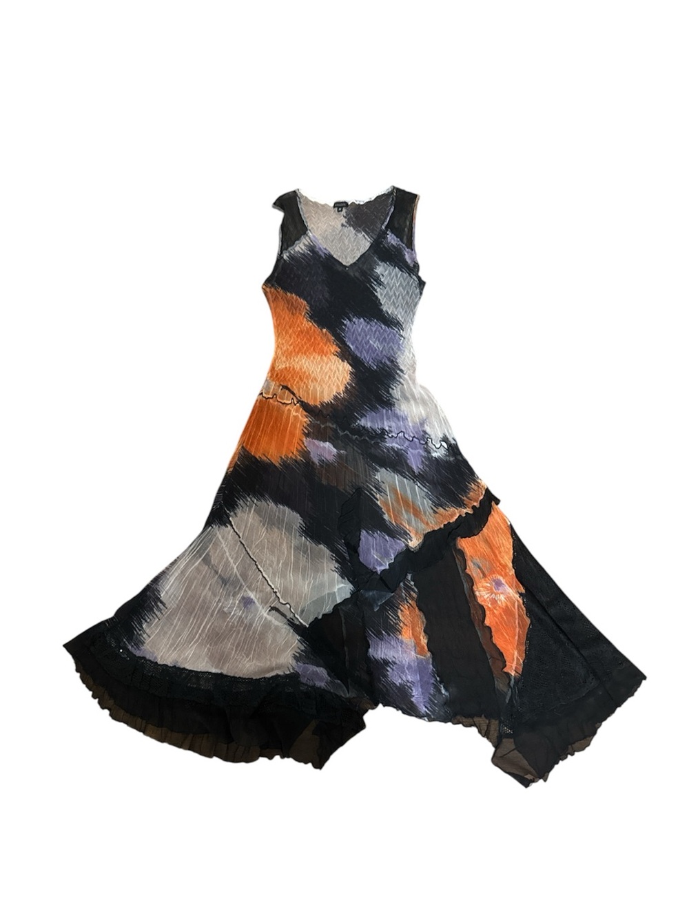 Komarov sheer Abstract Print Sleeveless Midi Dress in Black, Orange, Purple